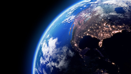 The Earth Space Planet 3D illustration background. City lights on planet. elements from NASA