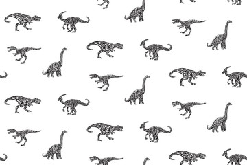 Hand drawn grunge seamless pattern with sketch dinosaur silhouettes. Black and white dino vector background, fashion print for textile or decorations for kids