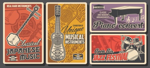 Folk and jazz live music fest, classical piano concert, vector retro vintage posters. Folk musical instruments exhibition museum of Japanese and national Asian music instruments shamisen or pipa