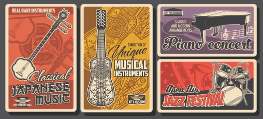 Deurstickers Folk and jazz live music fest, classical piano concert, vector retro vintage posters. Folk musical instruments exhibition museum of Japanese and national Asian music instruments shamisen or pipa © Vector Tradition