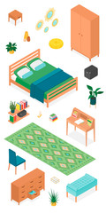 Set of isometric furniture and accessories. Vector collection. Illustration in flat design.