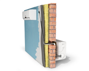 Layered wall with connected conditioner blocks on both sides on white background, 3d illustration