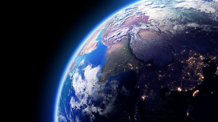 The Earth Space Planet 3D illustration background. City lights on planet. elements from NASA