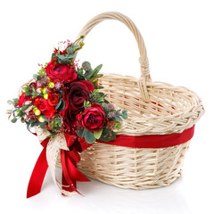 Fototapeta na wymiar Beautiful decorative basket with flowers for Easter celebration on a white background