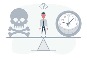 Deadline. Skull with a clock on seesaw. Not enough time for life. Vector flat design illustration.