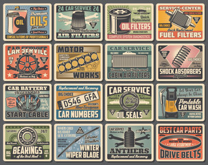 Cars auto service, mechanic garage station and spare parts shop, vector vintage posters. Automotive diagnostic, engine gaskets and oil seals, tire fitting, mufflers, brake pads and shock absorbers