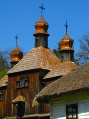 Old wooden orthodox church recreated in Pirogovo area near Kyiv city.