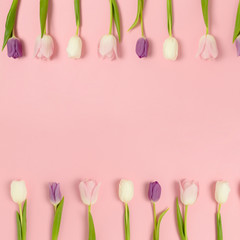 Frame made of tulip flowers on a pink pastel background. Floral spring layout with copy space.