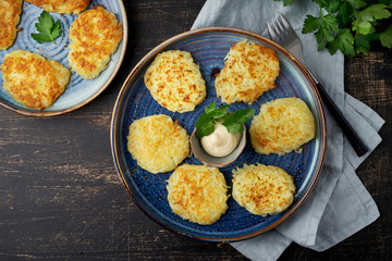 Hashbrown, hash brown potatoes fried pancakes, traditional american cuisine.