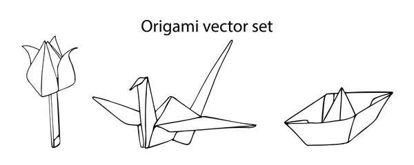 A set of origami vectors isolated on a white background: a crane, a tulip, a ship.