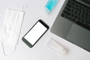 Close-up of white screen smartphone with mockup on white background