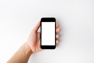 Mockup image of black mobile phone with blank white screen.