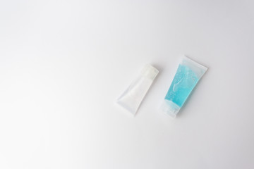 Alcohol gel hand sanitizer on white background with copy space. 