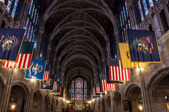 Low Angle View Of Flags Mounted In West Point Cadet Chapel