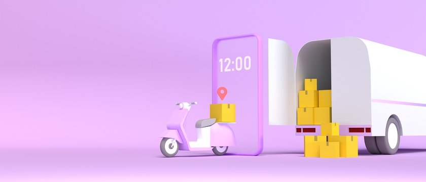 3D render fast delivery service with scooter and truck illustration. business transportation.