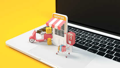 Online mobile store concept, 3D render online shopping computer, scooter delivery and mobile shop for ads and web banner background