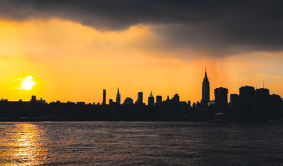 Fototapeta na wymiar New York City Landmarks, USA. Isolated on yellow, sunset