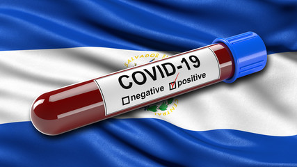 Obraz premium Flag of El Salvador waving in the wind with a positive Covid-19 blood test tube. 3D illustration concept for blood testing for diagnosis of the new Corona virus.
