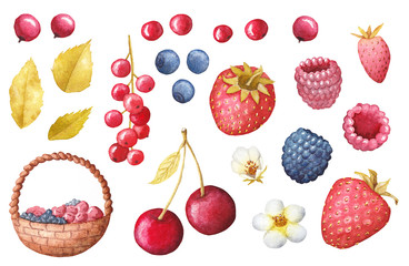 Watercolor illustration, frame wit strawberry, raspberry, BlackBerry, blueberry, strawberry, currant