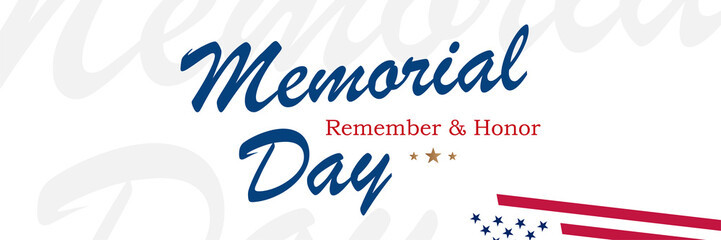 Fototapeta premium Happy Memorial Day. Long Greeting card with USA flag on white background with lettering typography. National American holiday event. Flat vector illustration EPS10