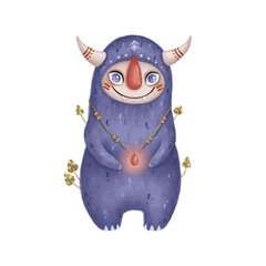 Illustration of a cute cartoon magic forest monster. Purple fantastic monster with horns on a white background. © Bonbonny