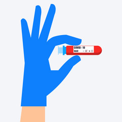 Negative Covid-19 test. Blood sample tube for COVID-19, coronavirus test. Hand holding  Coronavirus Covid-19 test result. Doctor holding a bottle of blood sample. Vector illustration.