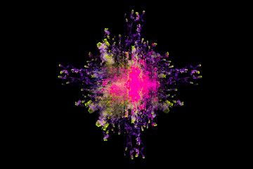Abstract art powder paint on black background. Movement abstract frozen dust explosion multicolored on black background.