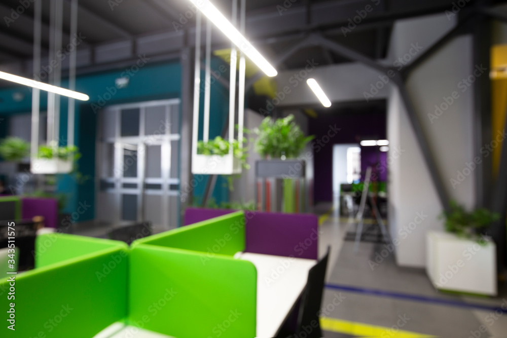 Poster blurred office in loft style with separate places for workers
