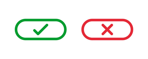 green check and red cross symbols, rounded rectangle thin line vector signs