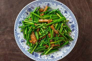 Stir-fried pork with garlic sprouts, Chinese Food