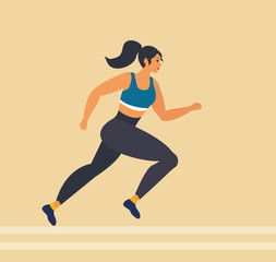 Fototapeta na wymiar Woman runs marathon, athlete performs a race, overcoming distance. Sport girls, cardio workout. Vector illustration