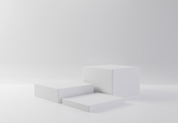 White rectangle cube product showcase table on isolate background. Abstract minimal geometry concept. Studio podium platform. Exhibition and business presentation stage. 3D illustration render graphic