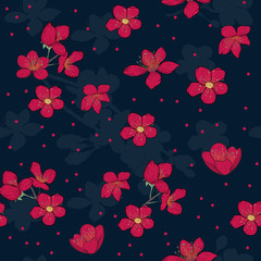 Blooming flowers scattered on a dark background. Seamless vector illustration with the floral concept. Red polka dots. Endless swatch for fabric, invitation card, wrapping paper. Template design. © pawczar