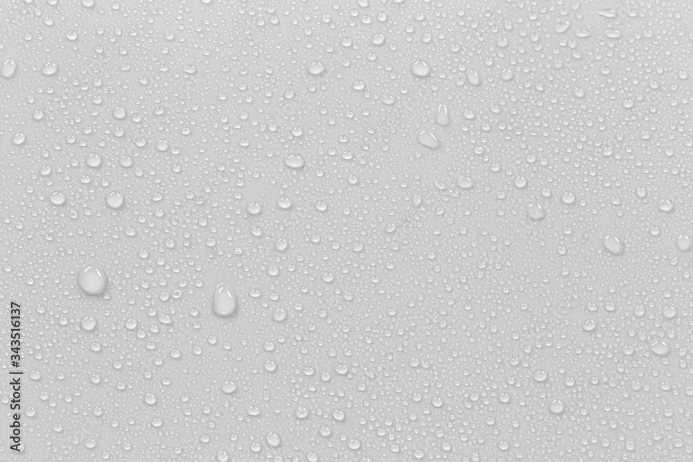 Poster The concept of raindrops falling on a gray background Abstract wet white surface with bubbles on the surface Realistic pure water droplet water drops for creative banner design