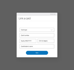 Add bank card. Payment methods design concept. Link Your Bank Account Add Credit Card Step Screen. Minimal style UI design concept
