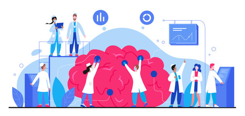 Brain health, mental investigation character flat vector illustration, medicine abstract concept. Doctors diagnose brain in laboratory. Psychologists, psychiatrists consulting, healthcare treatment - obrazy, fototapety, plakaty