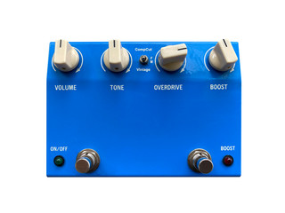 Isolated blue modern overdrive stomp box effect on white background with work path.