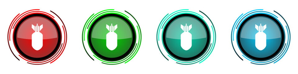 Bomb round glossy vector icons, war, military, weapon set of buttons for webdesign, internet and mobile phone applications in four colors options isolated on white background