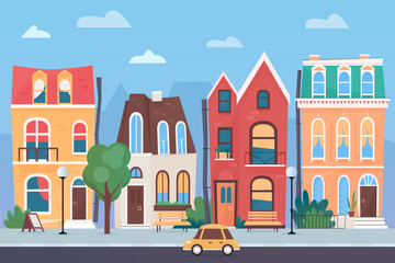 Small town street cartoon vector illustration cityscape, cute spring or summer urban landscape. Funny colored houses facades. Traditional old european city