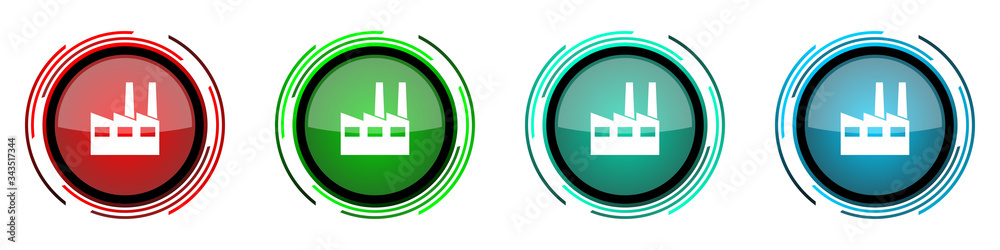 Aufkleber Factory round glossy vector icons, industrial building set of buttons for webdesign, internet and mobile phone applications in four colors options isolated on white background