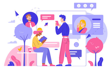 People chatting by gadgets in social network flat vector illustration. Online communication, business chat bubbles, love messenger, profile page, social media and digital marketing concept