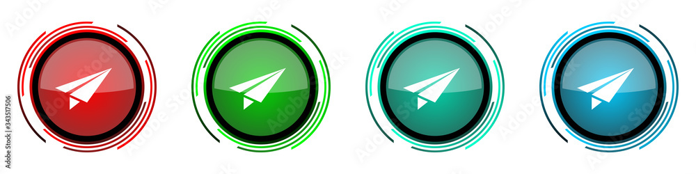 Aufkleber Paper plane round glossy vector icons, fly, flight, airplane set of buttons for webdesign, internet and mobile phone applications in four colors options isolated on white background