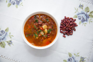 Traditional Azerbaijani Red bean soup . A bowl of homemade red bean soup . Red bean soup .