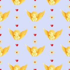 Angel, red heart and sun isolated elements in seamless pattern on light blue background for decorative usage. Valentine and love theme for covering, print, package, scrapping, washi, tape, fabric.