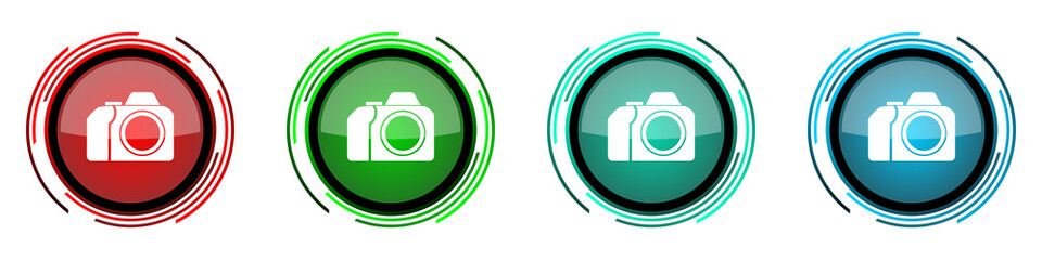 Photo camera round glossy vector icons, photography set of buttons for webdesign, internet and mobile phone applications in four colors options isolated on white background
