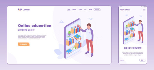 Fototapeta na wymiar Online education and reading isometric vector illustration on web site template and onboarding screen.