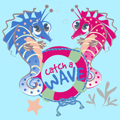 Funny lovely sea horns vector character illustration. Catch a wave collection