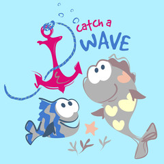 Cartoon two fish vector character illustration. Catch a wave collection