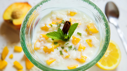 Milk rice dessert with fresh fruit