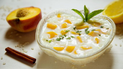 Milk rice dessert with fresh fruit